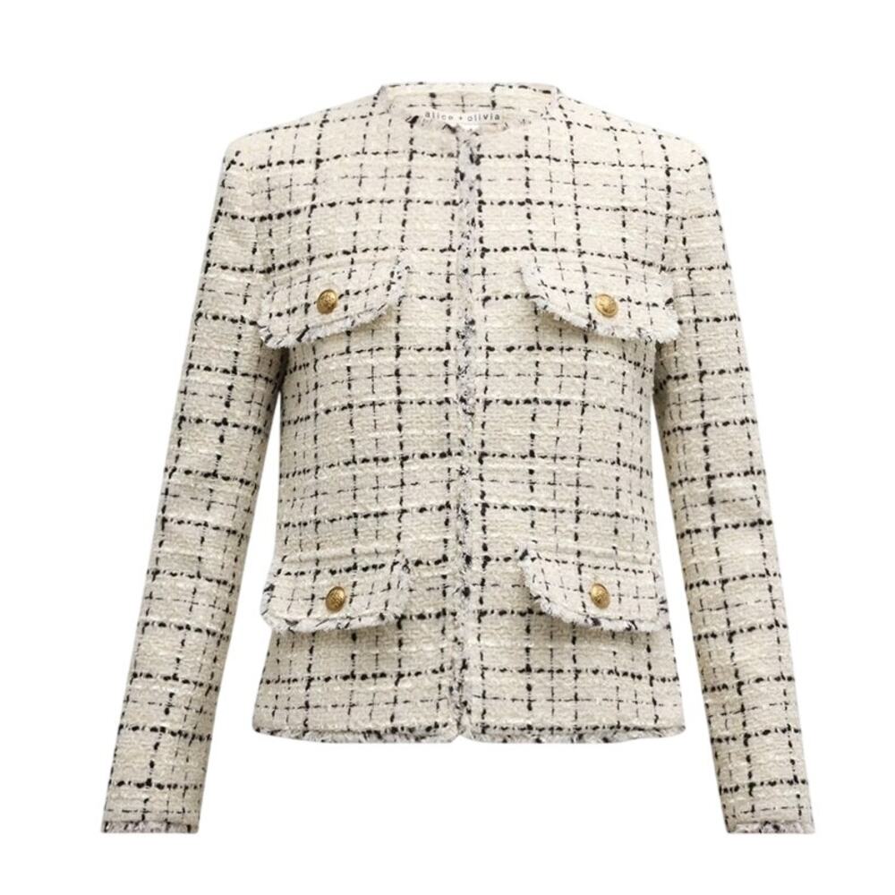 Alice + Olivia Dumont Tweed Boxy Cream Jacket Blazer Fringe New With Tags